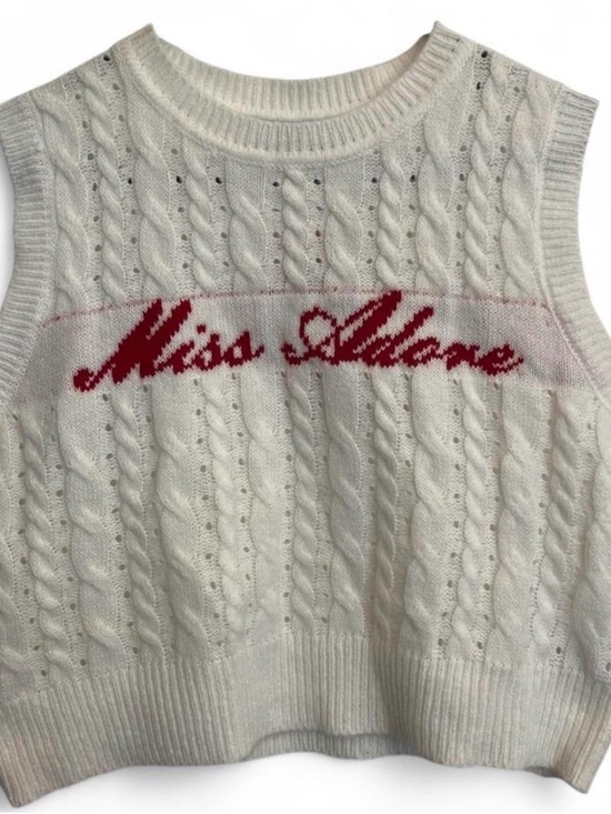 Sweaters - Miss Aligne Cable Knit Sleeveless Sweater Vest in Cream with Red Logo